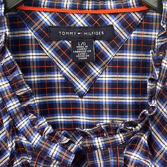 TOMMY HILFIGER Large Madras Plaid Top Blouse Button Ruffle 3/4 Sleeve Cotton - Picture 3 of 5